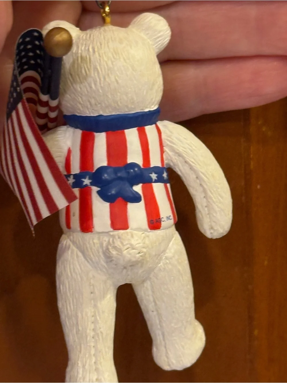 Patriotic Bear with Flag Christmas July 4th ornament in Red, White & Blue 2001